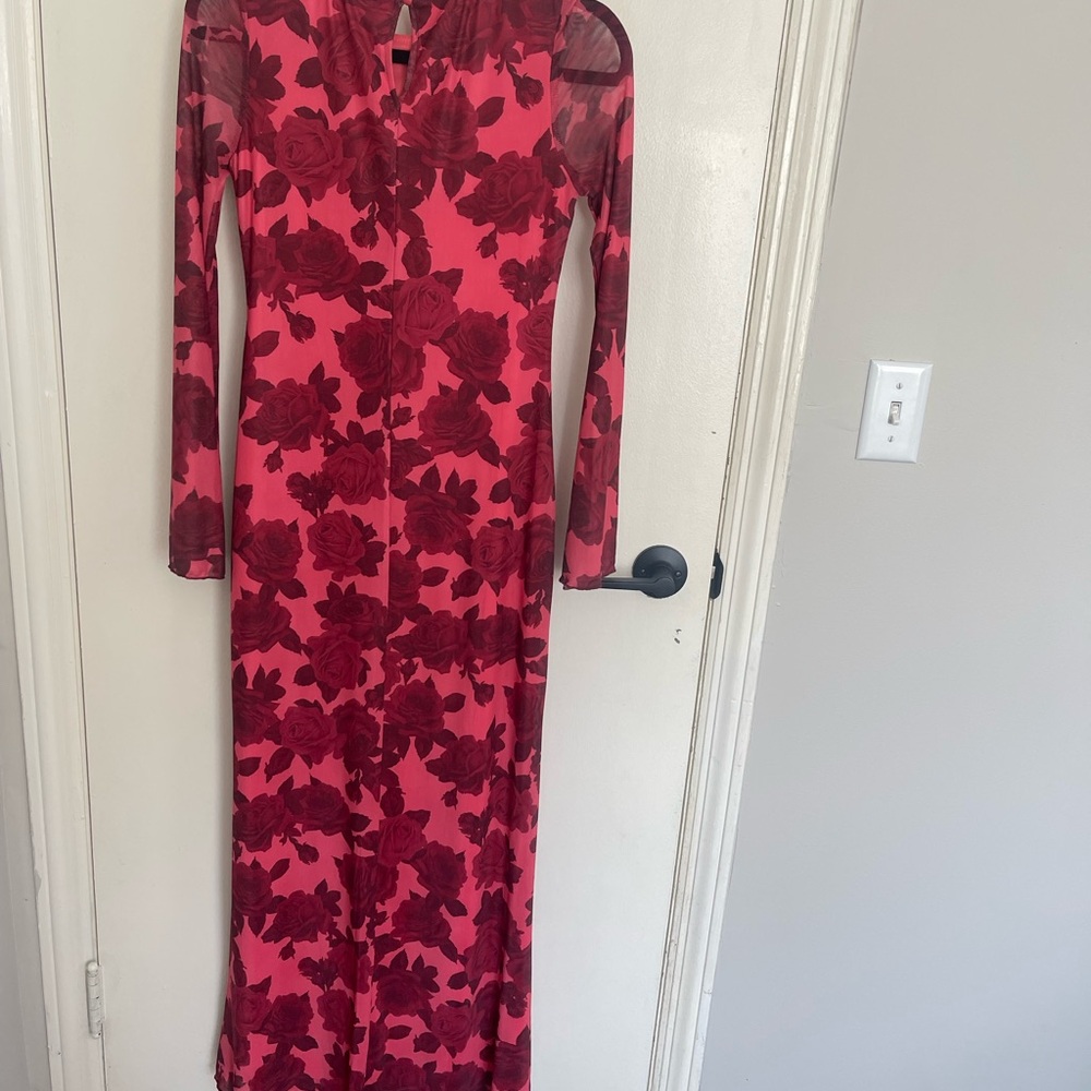 Women's Long Sleeve Pink & Burgundy Floral Maxi Dress